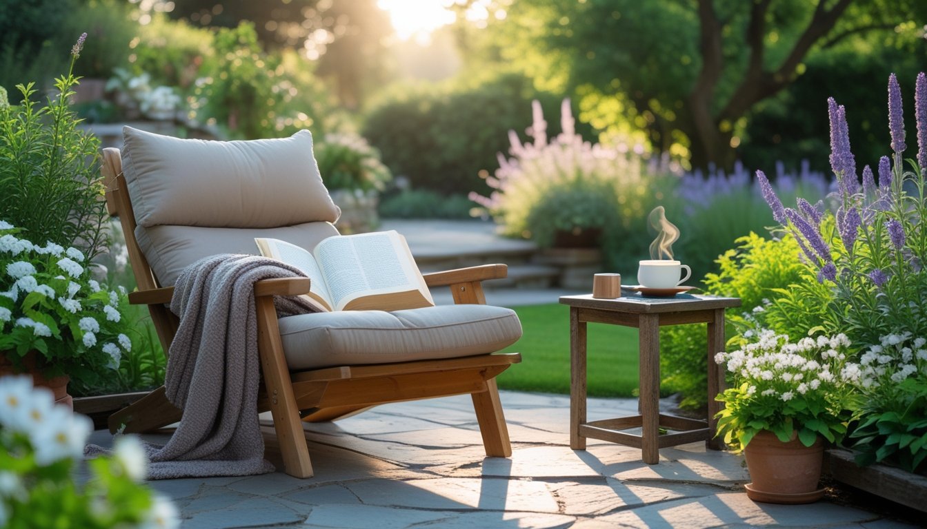 A peaceful outdoor reading corner with a wooden lounge chair, cushions, a small table holding an open book and a cup of tea, surrounded by plants and flowers in a garden.