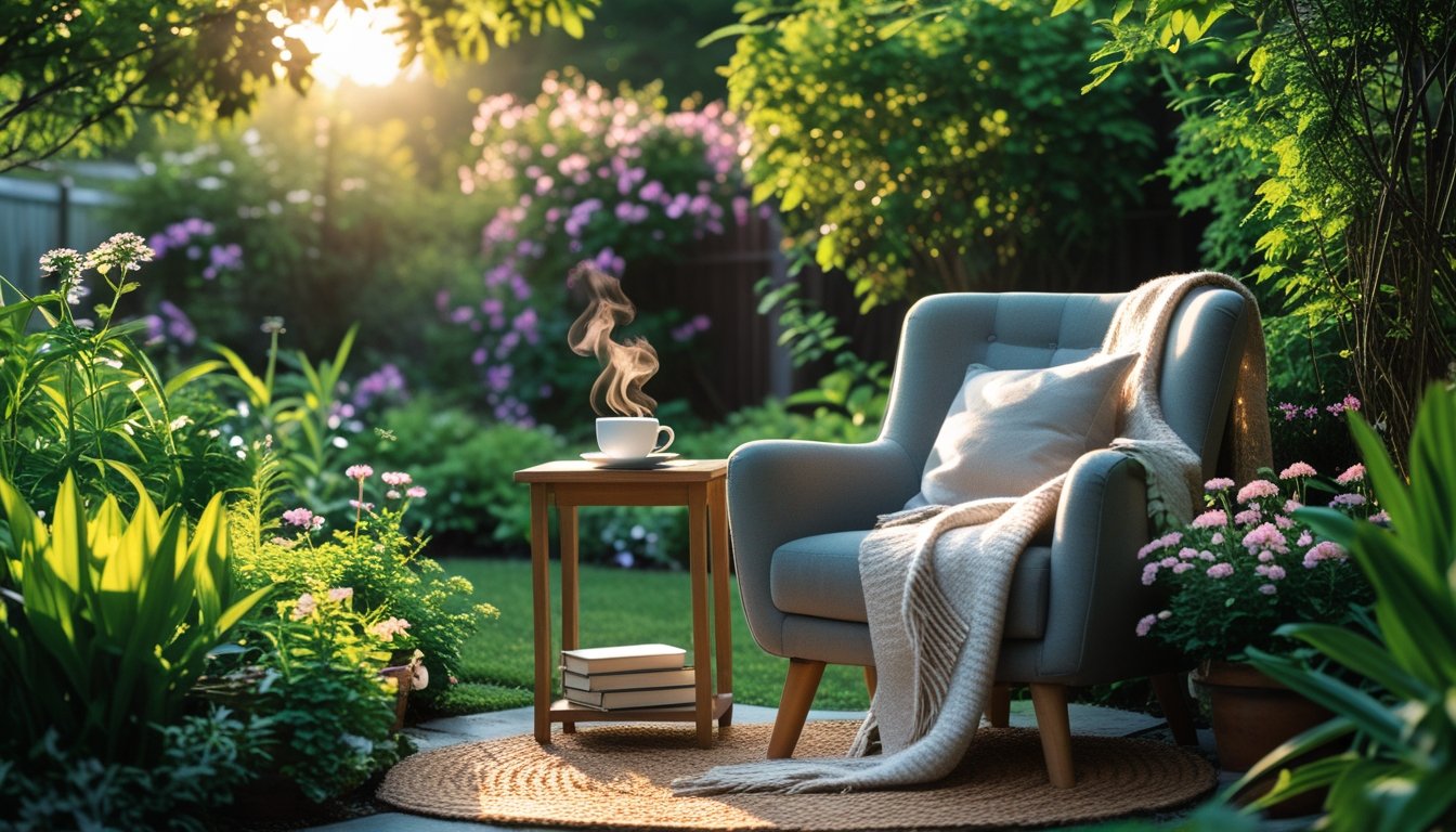 A peaceful outdoor reading spot with a cushioned armchair, side table with tea and books, surrounded by green plants and flowers in a garden.