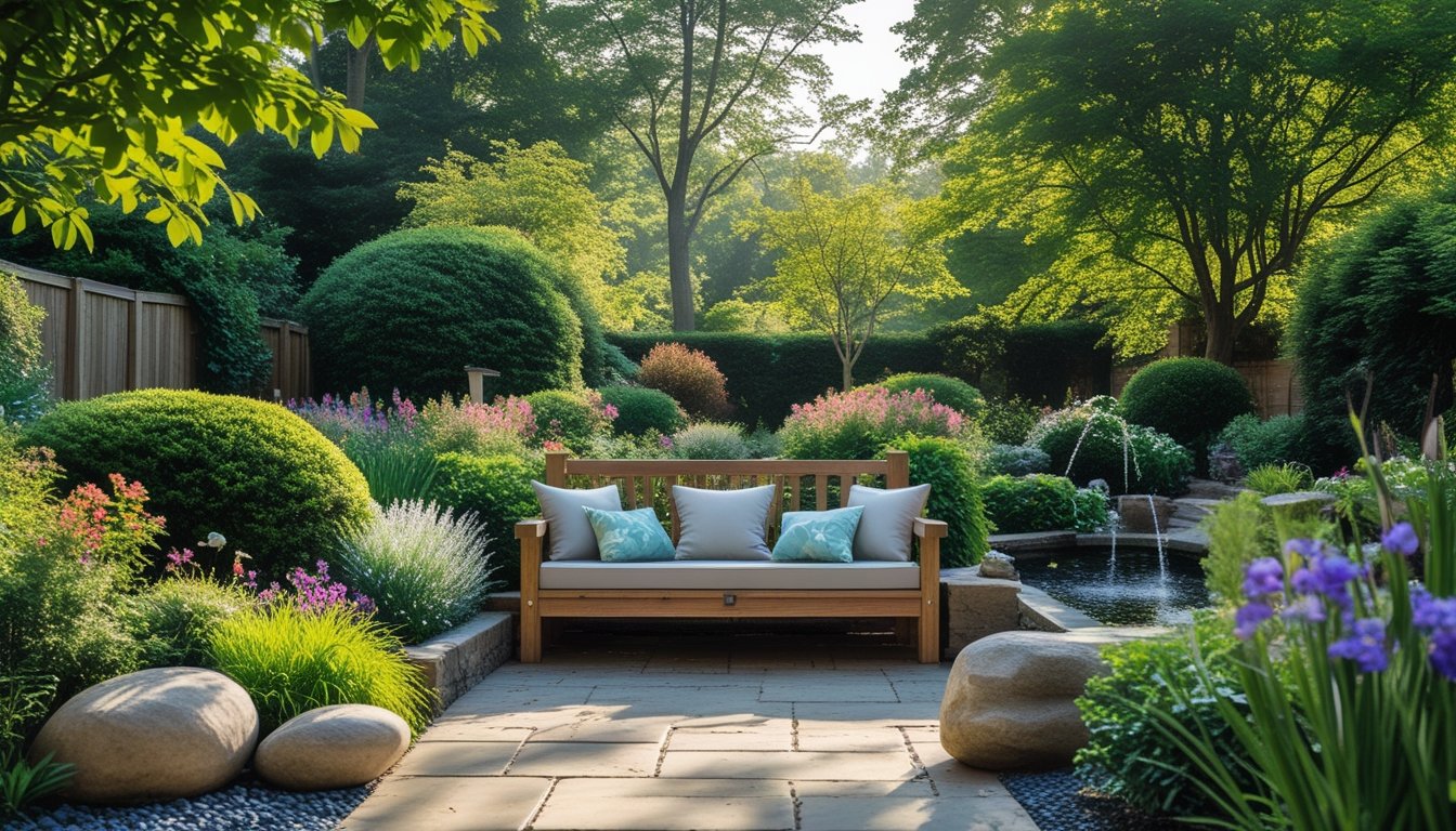 A peaceful garden seating area with a wooden bench, cushions, flowering plants, and a small water feature surrounded by trees and greenery.