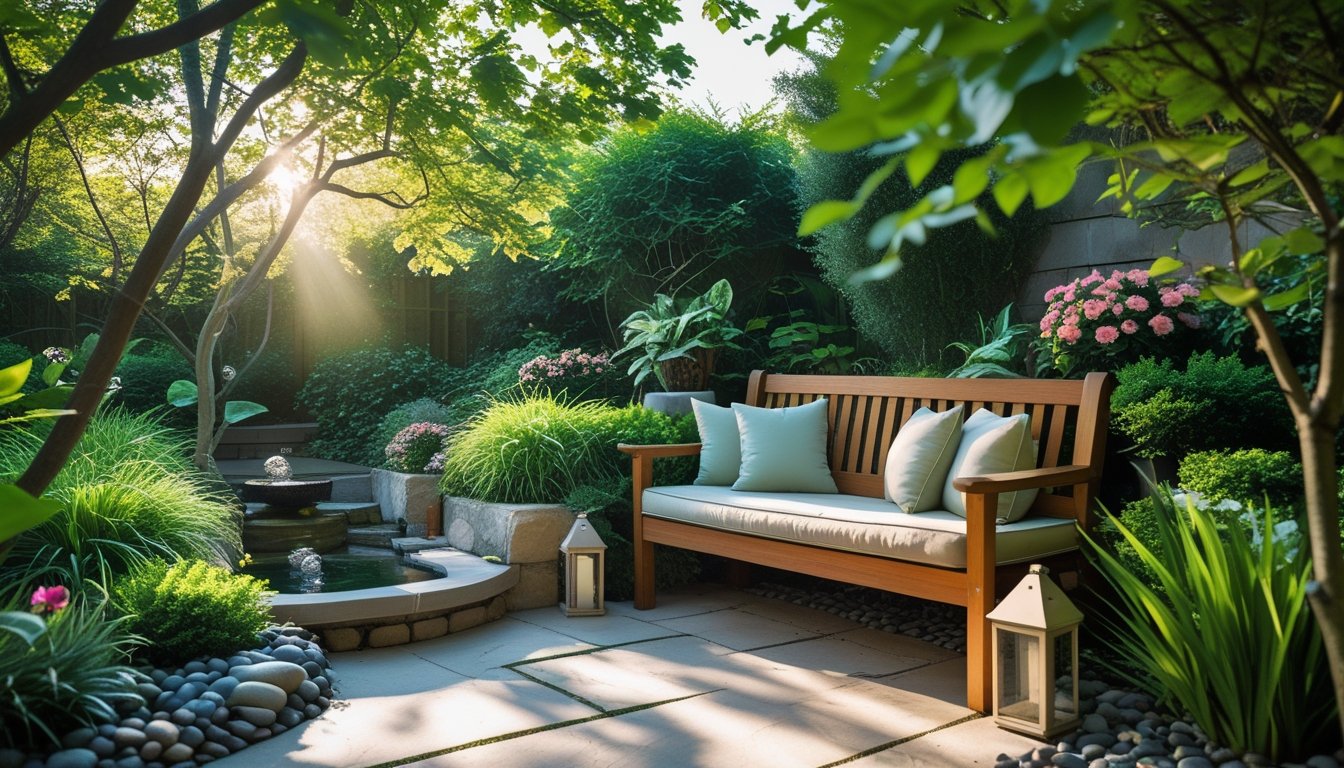 A peaceful garden seating area with a wooden bench surrounded by green plants and flowers under soft sunlight.