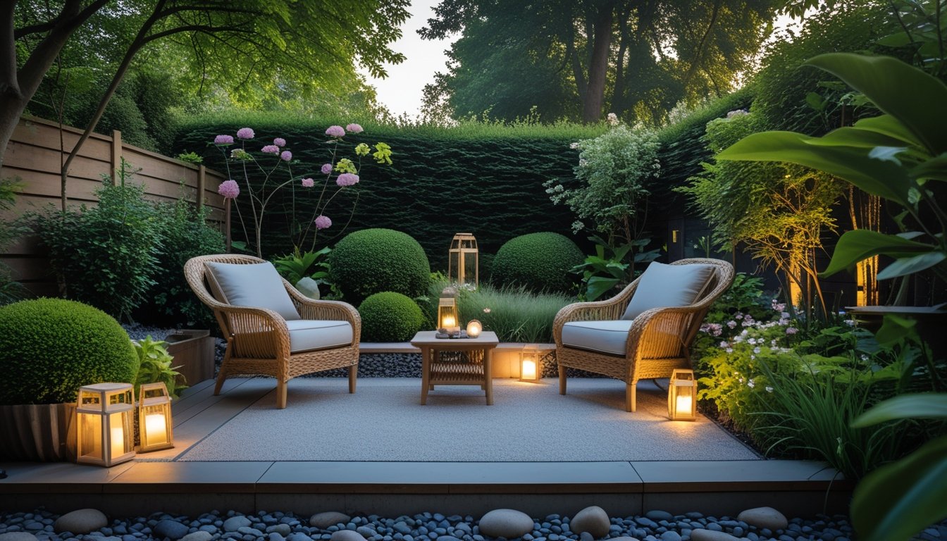 A peaceful garden seating area with chairs and a table surrounded by plants, flowers, and trees.