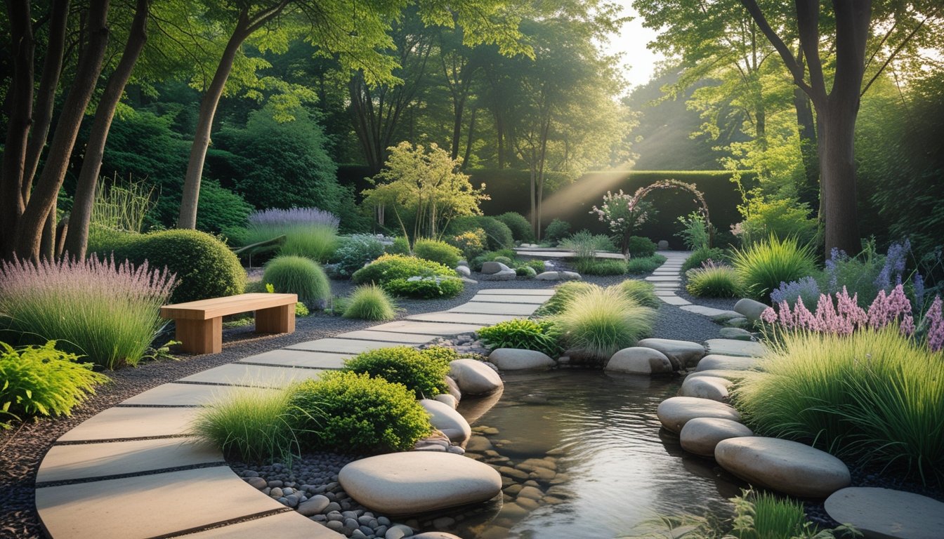 A peaceful garden with trees, a small pond, stone path, wooden benches, and flowering plants under soft sunlight.
