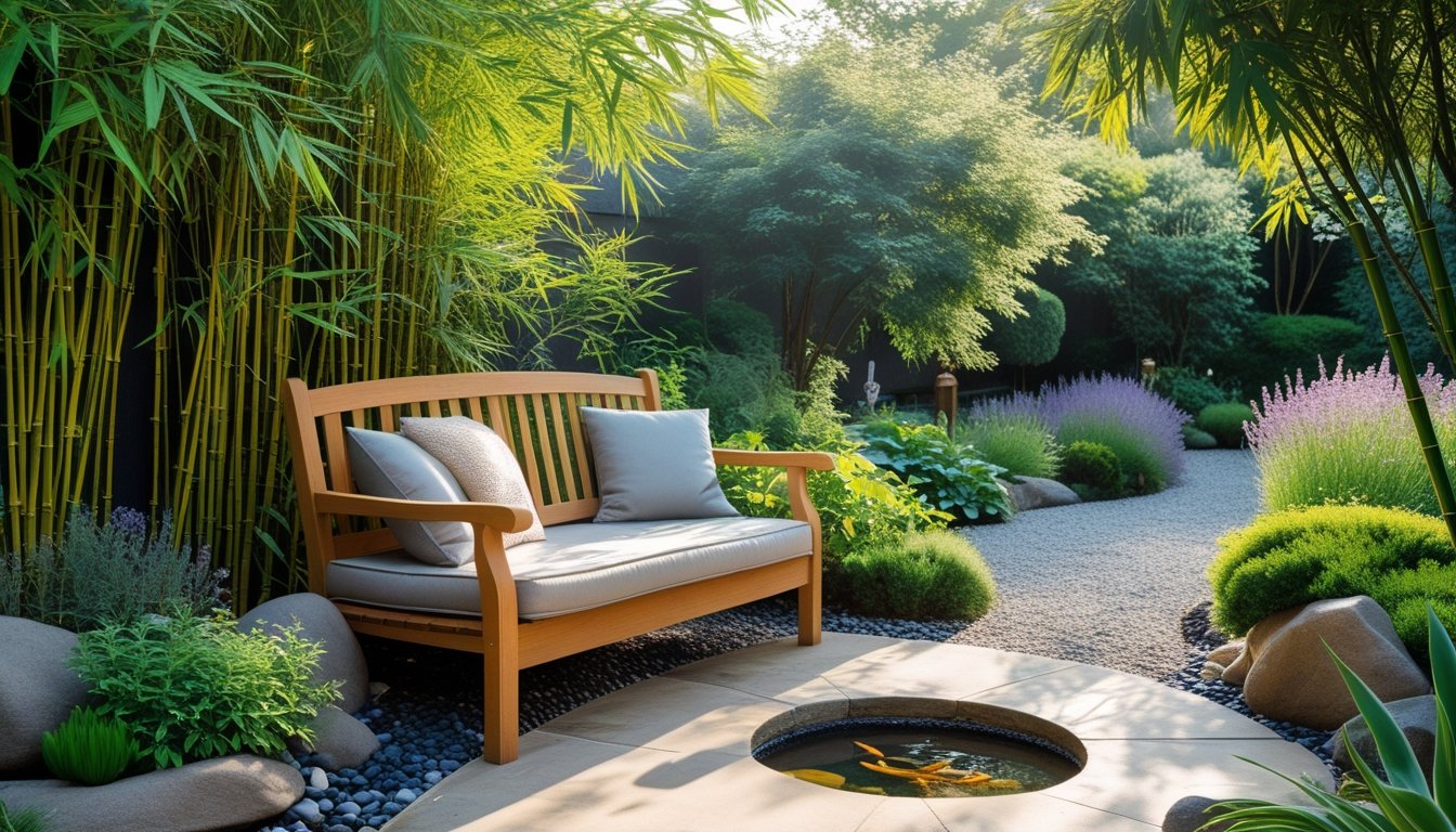 A peaceful garden with green plants, a wooden bench on a stone patio, a small water fountain, and a winding gravel path surrounded by flowers and herbs.