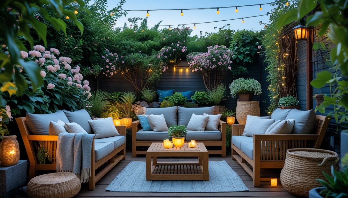 An outdoor garden lounge with comfortable seating, cushions, plants, and soft lighting creating a relaxing atmosphere.
