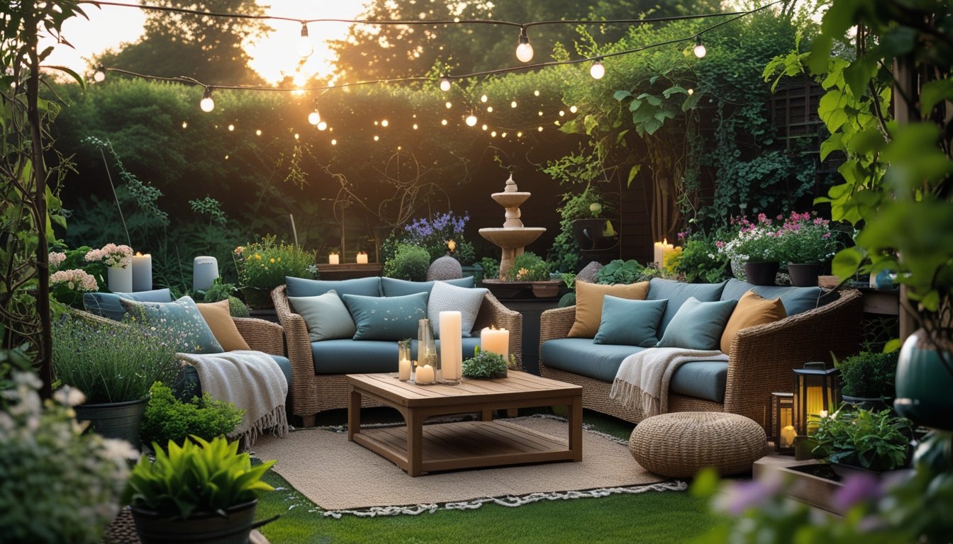A cosy garden lounge with comfortable seating surrounded by plants and soft lighting in a peaceful outdoor setting.