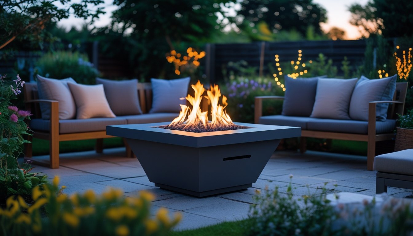 A fire pit glowing warmly in a garden with outdoor seating and plants in the evening.