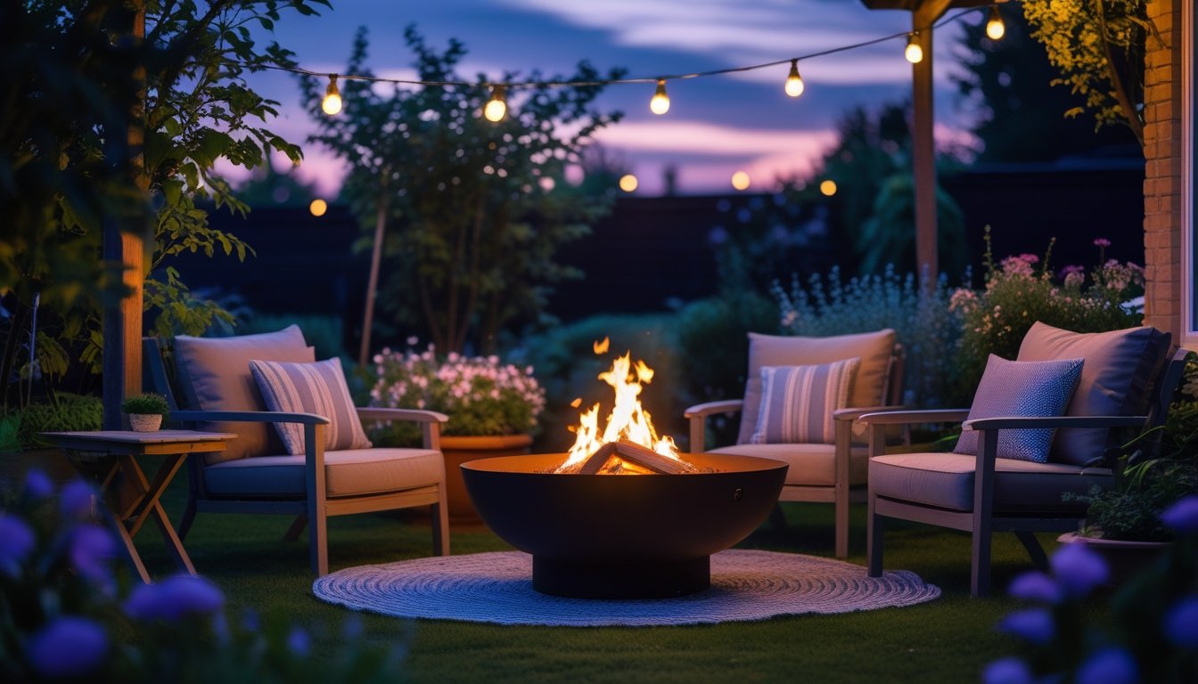 A garden at twilight with a glowing fire pit surrounded by comfortable outdoor seating and lush plants.