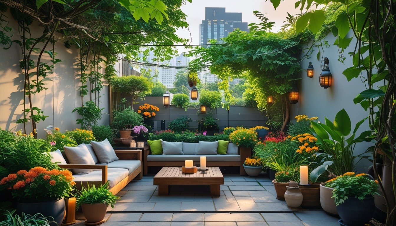 A peaceful urban garden with comfortable seating, green plants, flowers, and a small water feature on a stone patio with city buildings in the background.