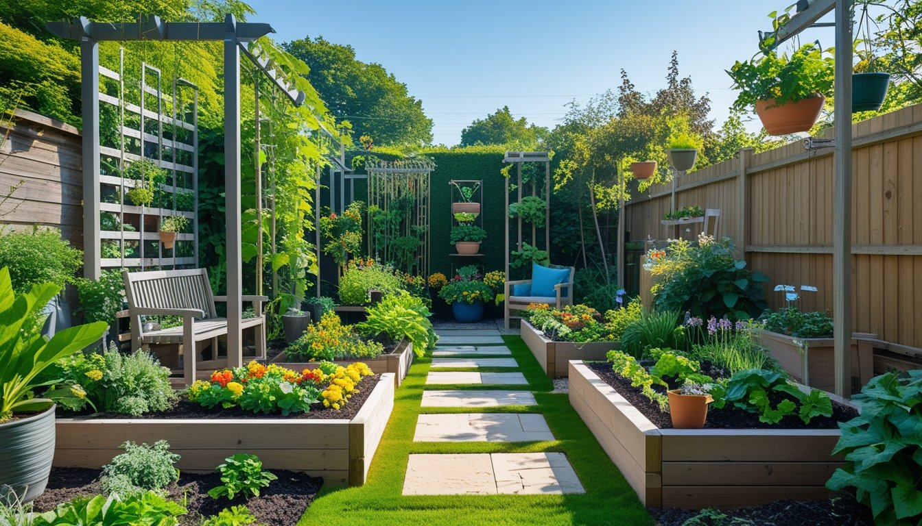 A garden with vertical plants, raised flower beds, stone pathways, and garden furniture, without any water features.