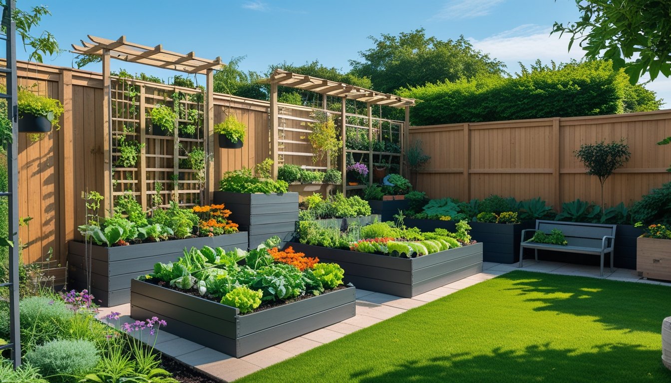 A well-organised garden with vertical plants, raised beds, multi-level planters, and garden furniture, showing maximised garden space without water features.