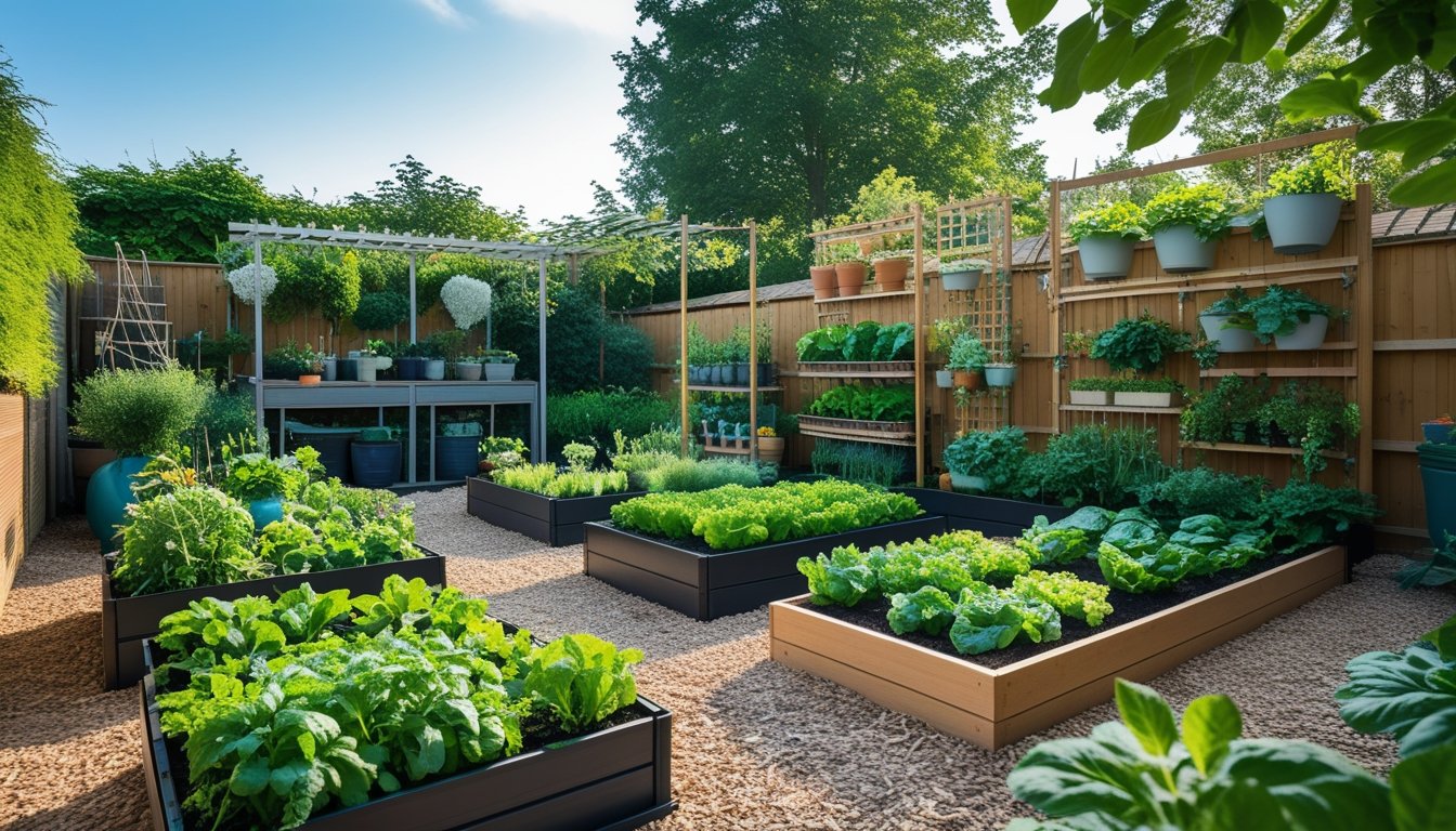 A bright garden with vertical plants, raised beds, and neat pathways, showing efficient use of space without water features.