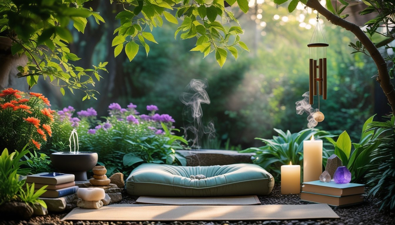 A peaceful garden corner with a cushioned seat surrounded by plants, a small water fountain, candles, wind chimes, and meditation items arranged to create a relaxing space.