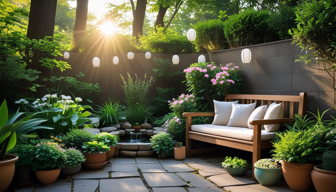 A peaceful garden nook with a wooden bench surrounded by plants and flowers, sunlight filtering through trees, and a small water feature nearby.