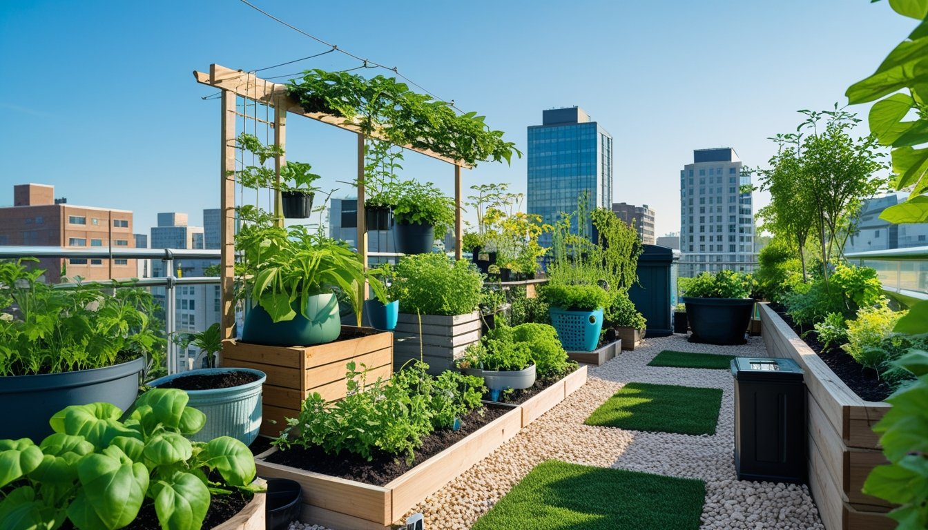 An urban rooftop garden with green plants in recycled containers, vertical trellises, a compost bin, and city buildings in the background.