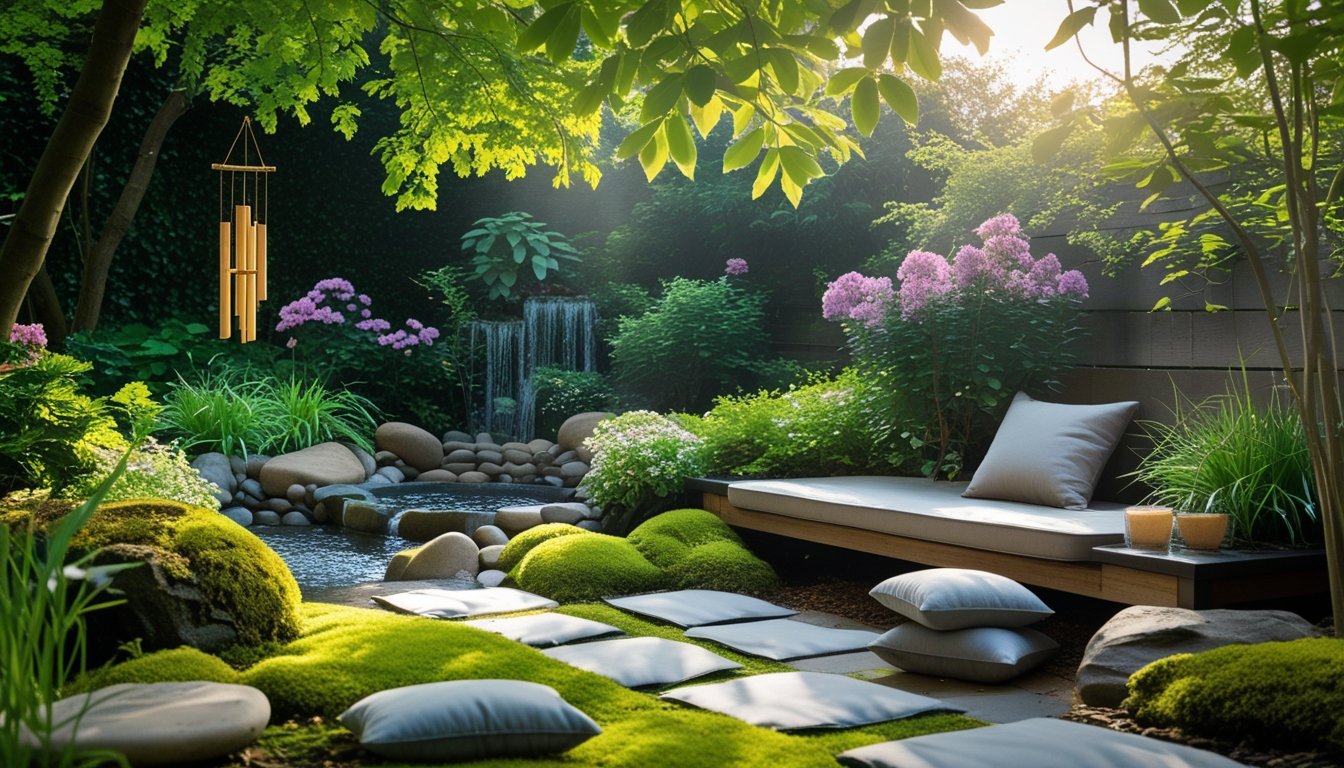 A peaceful garden meditation nook with a wooden bench, flowering plants, a small water feature, and cushions surrounded by greenery and soft sunlight.