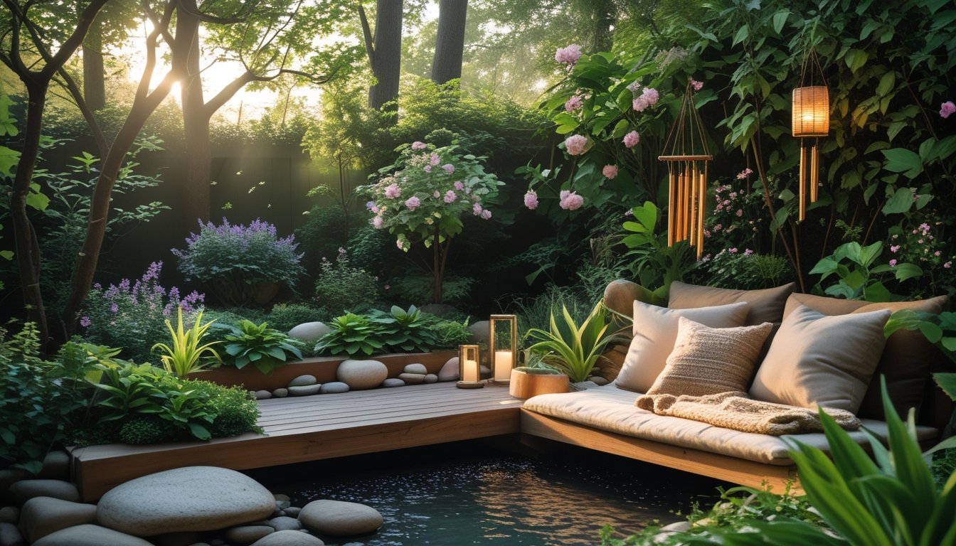 A tranquil garden nook with a wooden bench surrounded by plants, flowers, and a small water feature, creating a peaceful atmosphere for meditation.