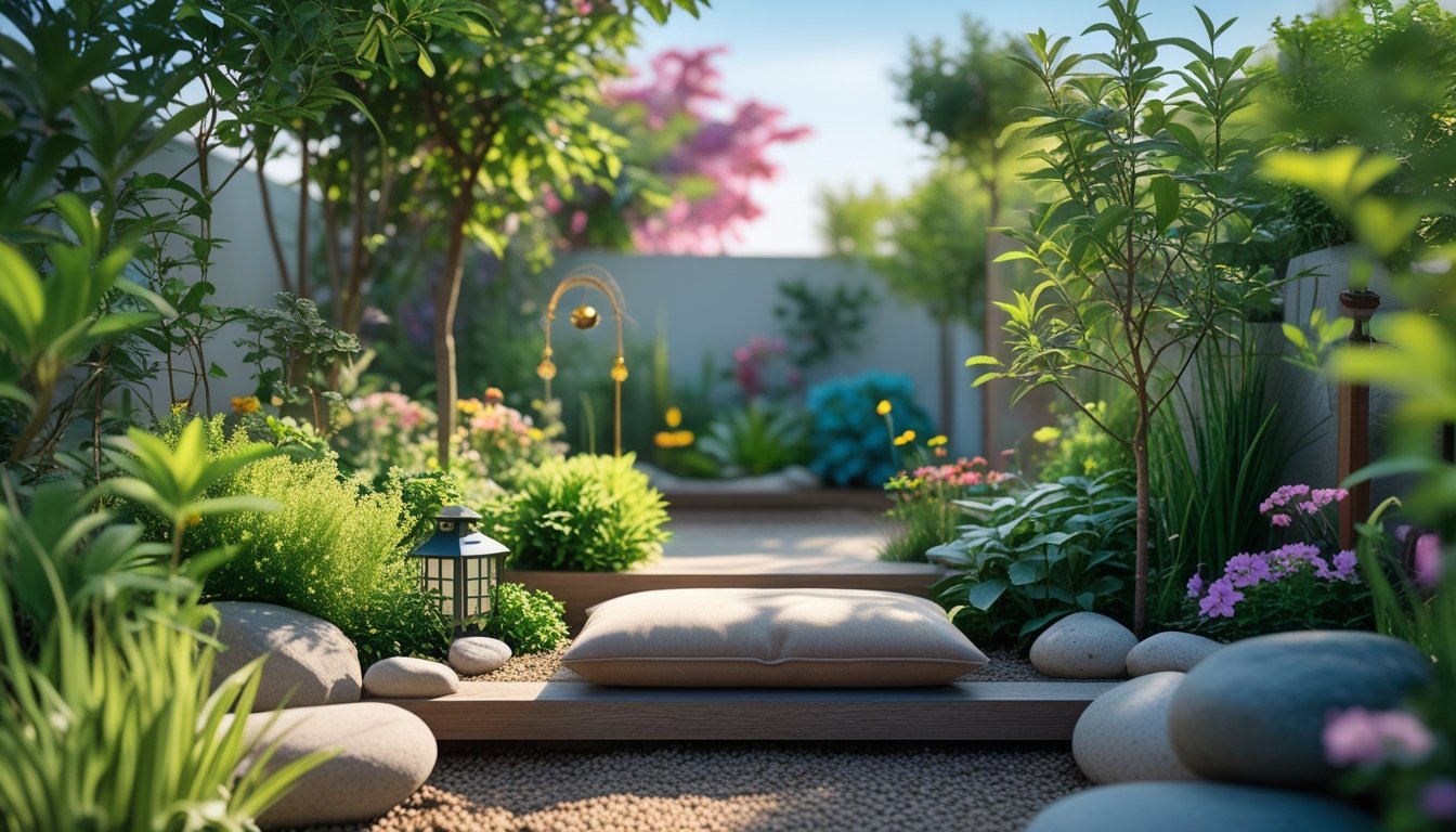 A peaceful garden nook with a cushion and wooden bench surrounded by plants, flowers, and a small water feature under soft natural light.