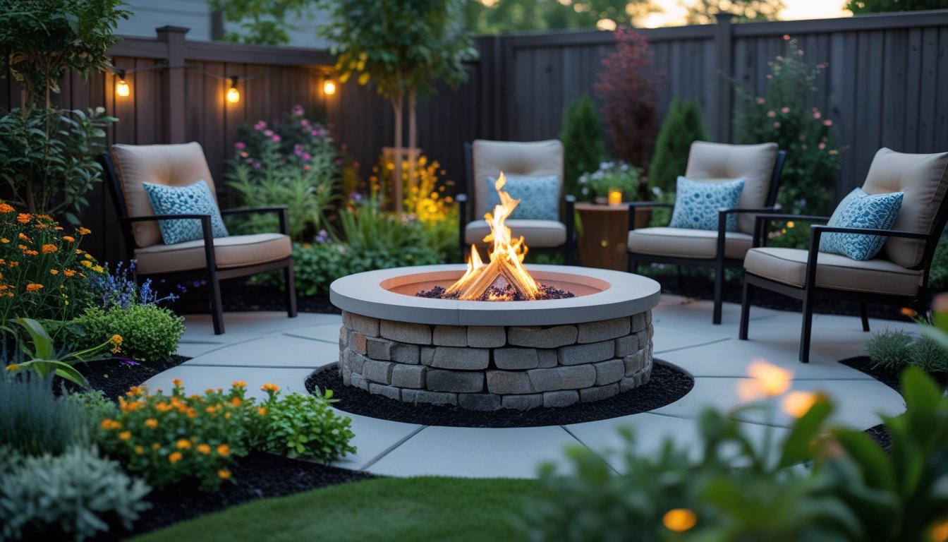 A small garden with a circular stone fire pit surrounded by outdoor chairs, green plants, and soft lighting in the early evening.