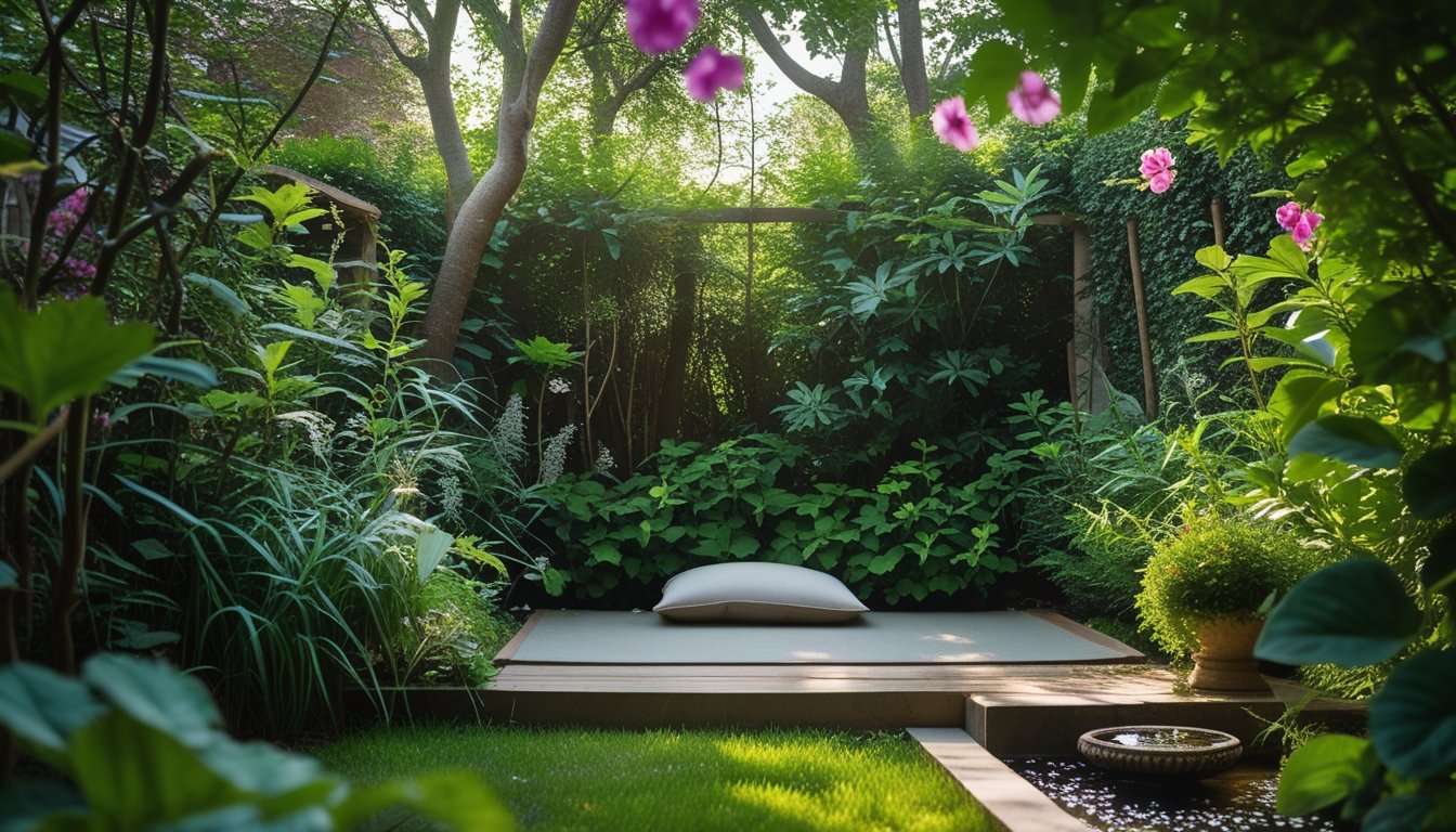 A quiet garden corner with a wooden bench surrounded by green plants and flowers, softly lit by sunlight filtering through trees.