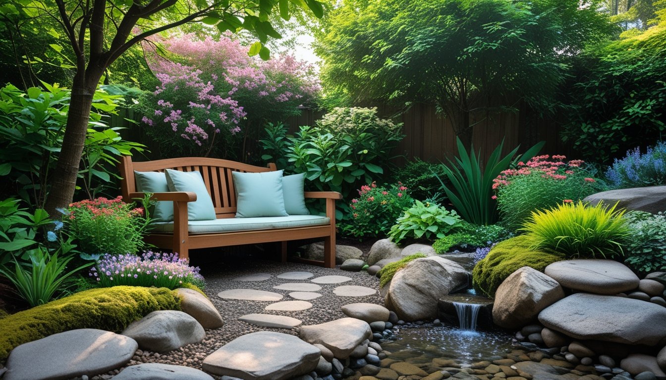 A quiet garden corner with a wooden bench surrounded by green plants, flowers, and a small water feature.
