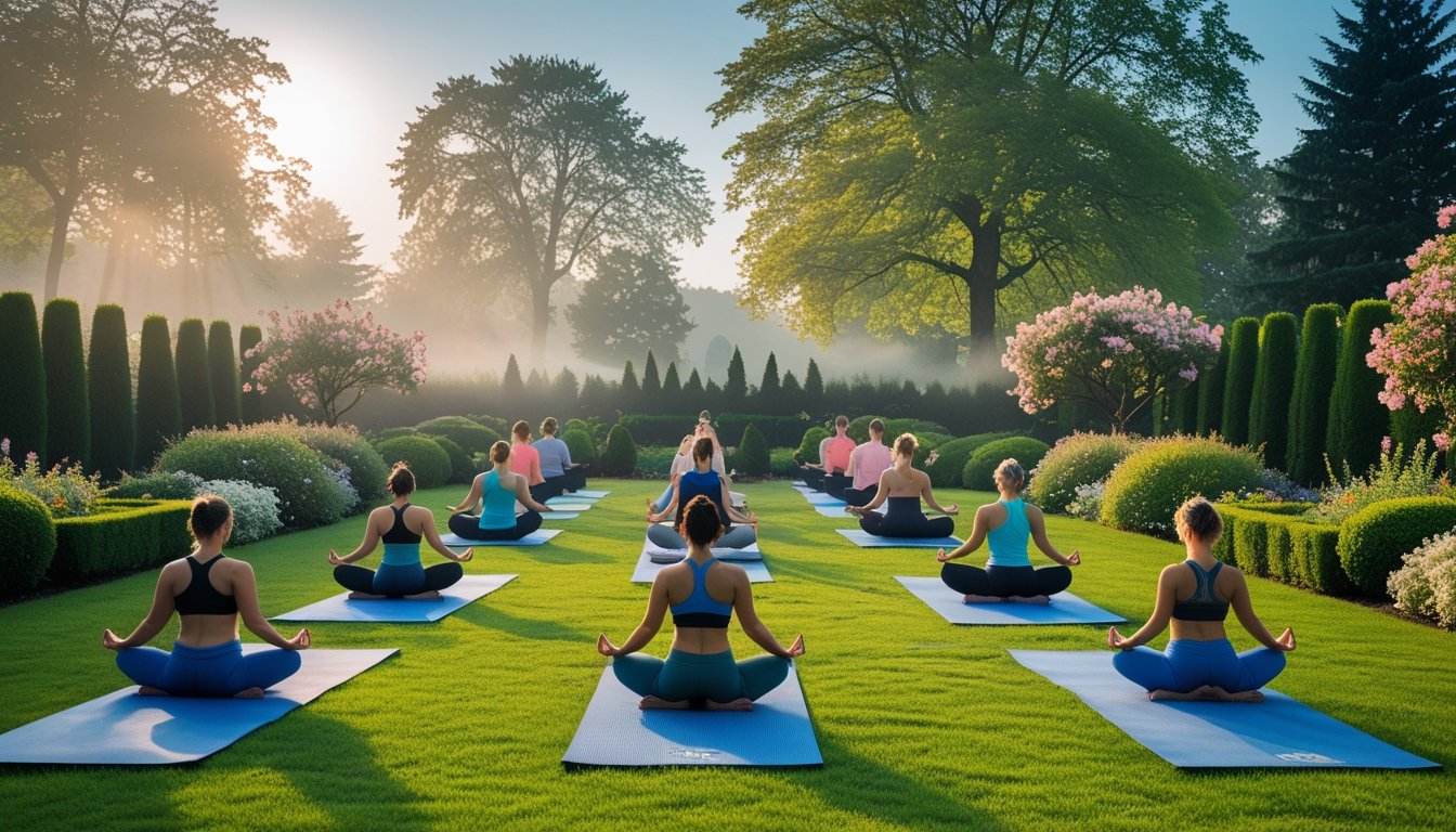 People practicing yoga in a peaceful garden surrounded by trees and flowers during early morning.