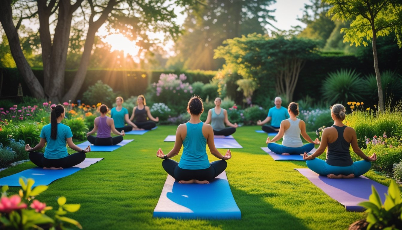 People practising yoga on mats in a peaceful garden surrounded by trees and flowers in gentle morning light.