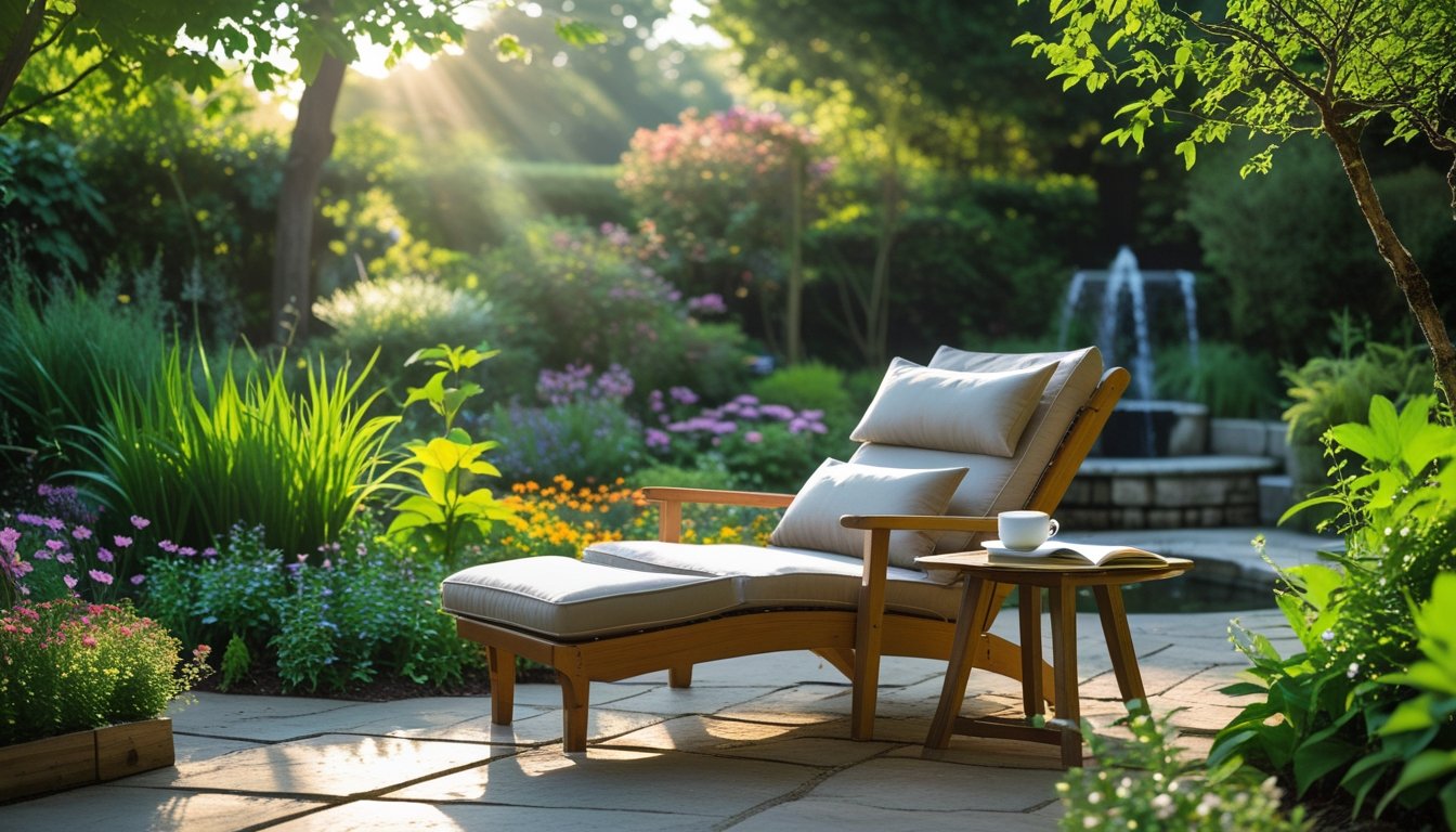 An outdoor garden space with a wooden lounge chair, cushions, a side table holding a cup and book, surrounded by green plants and flowers with sunlight filtering through trees.