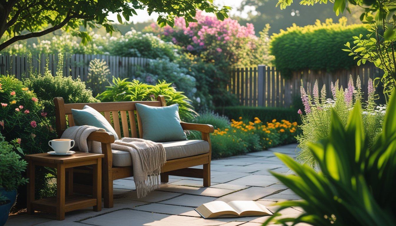 A peaceful garden with a wooden bench, cushions, an open book, and a cup of tea surrounded by plants and flowers.