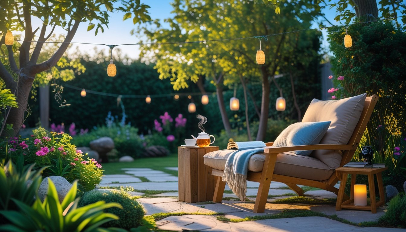 Outdoor garden with a wooden lounge chair, cushions, a side table with a cup and book, surrounded by plants and soft lighting.