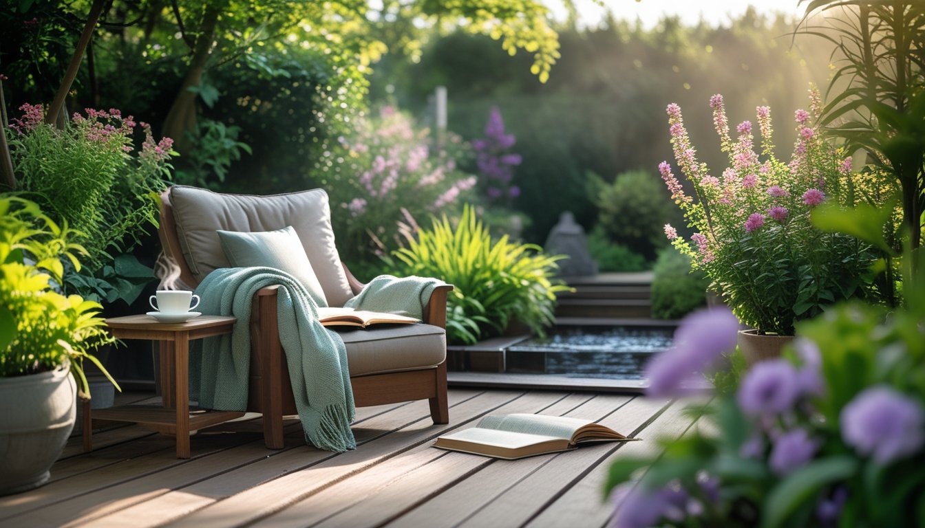 An outdoor garden reading area with a cushioned armchair, a side table with a cup and book, surrounded by plants and a small water feature.