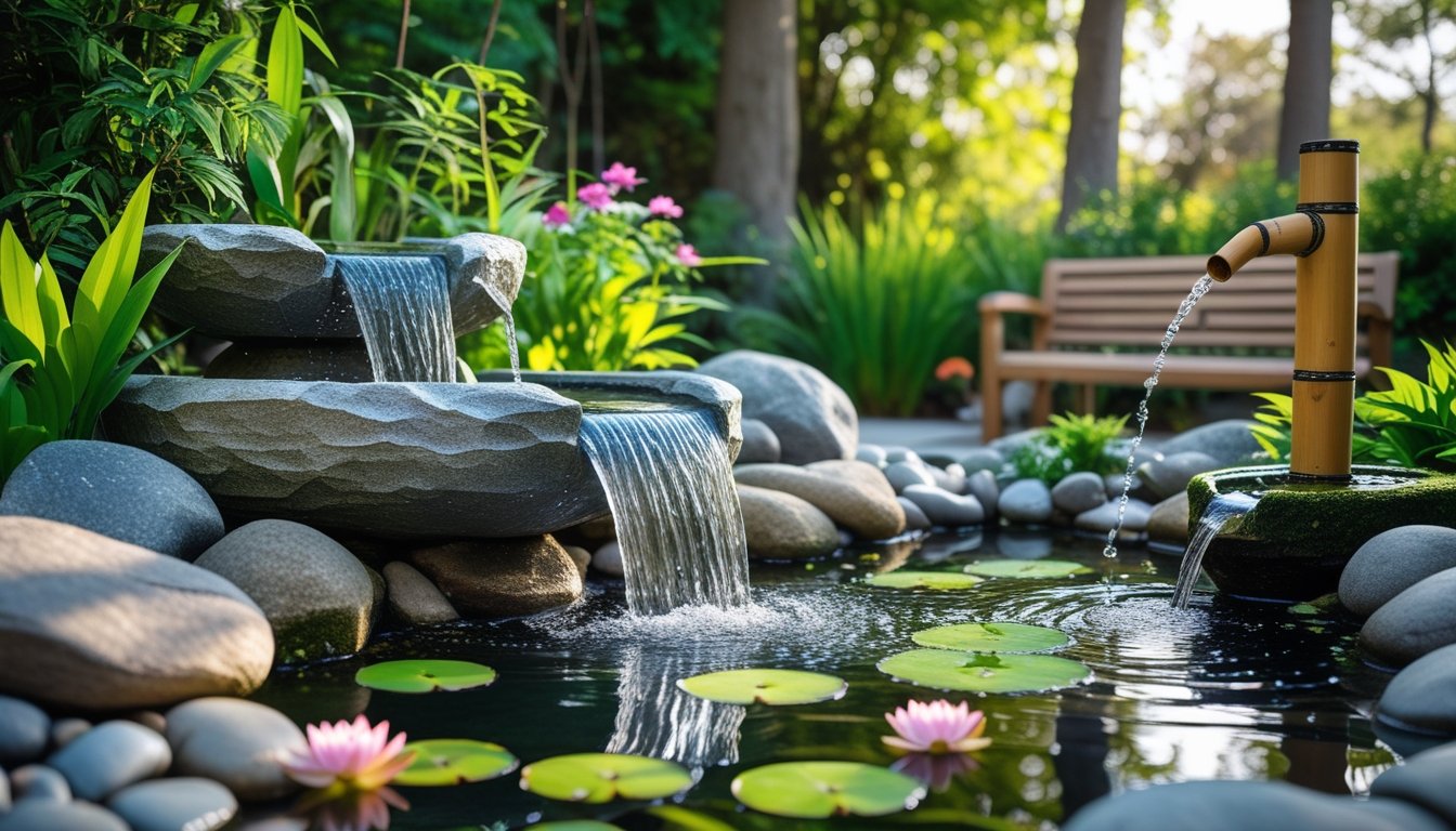A peaceful garden with a stone fountain, a bamboo water spout, a small pond with water lilies, surrounded by green plants and flowers, with sunlight filtering through trees.