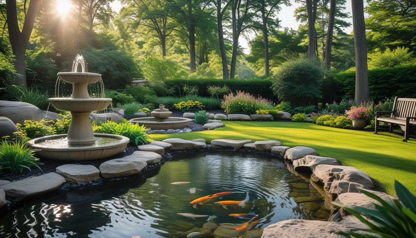 A peaceful garden with a stone fountain, koi pond, flowing brook, plants, flowers, and wooden benches under sunlight.