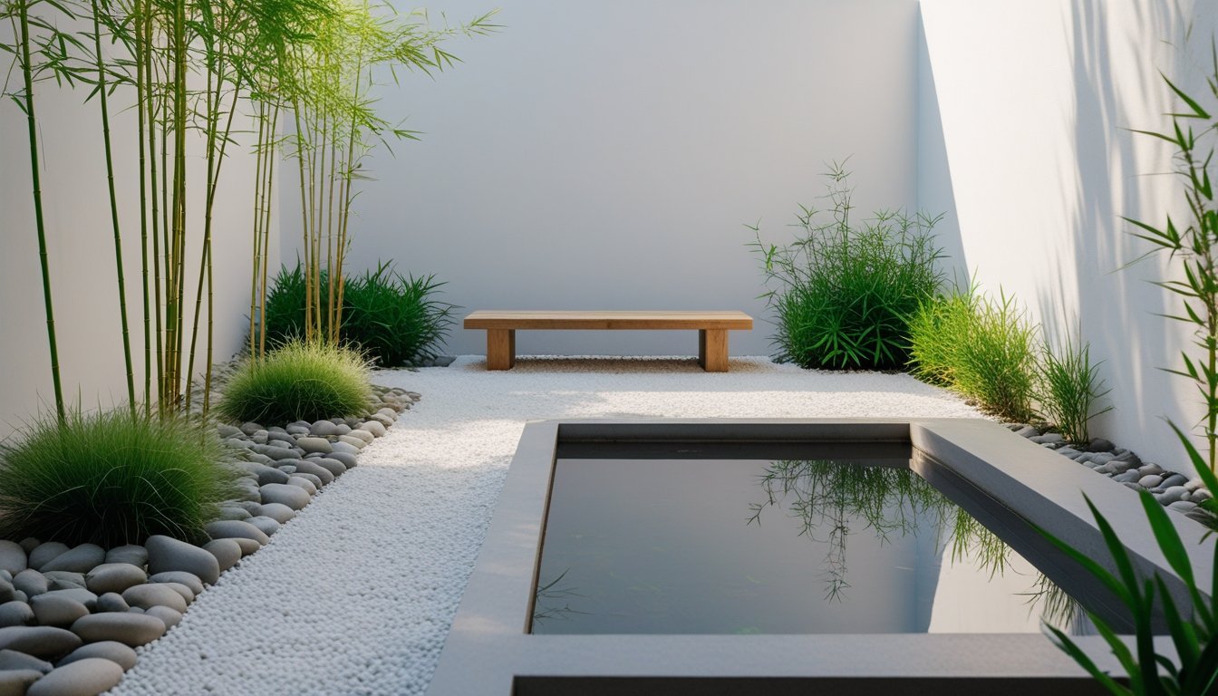A small garden with a stone pathway, green plants, a wooden bench, and a rectangular water feature.