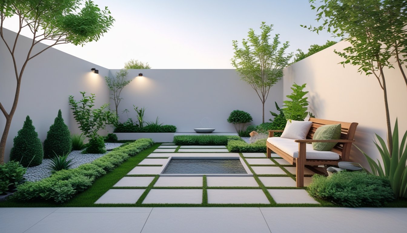 A peaceful garden with trimmed plants, a small water feature, stone paths, and a wooden bench with cushions under natural daylight.