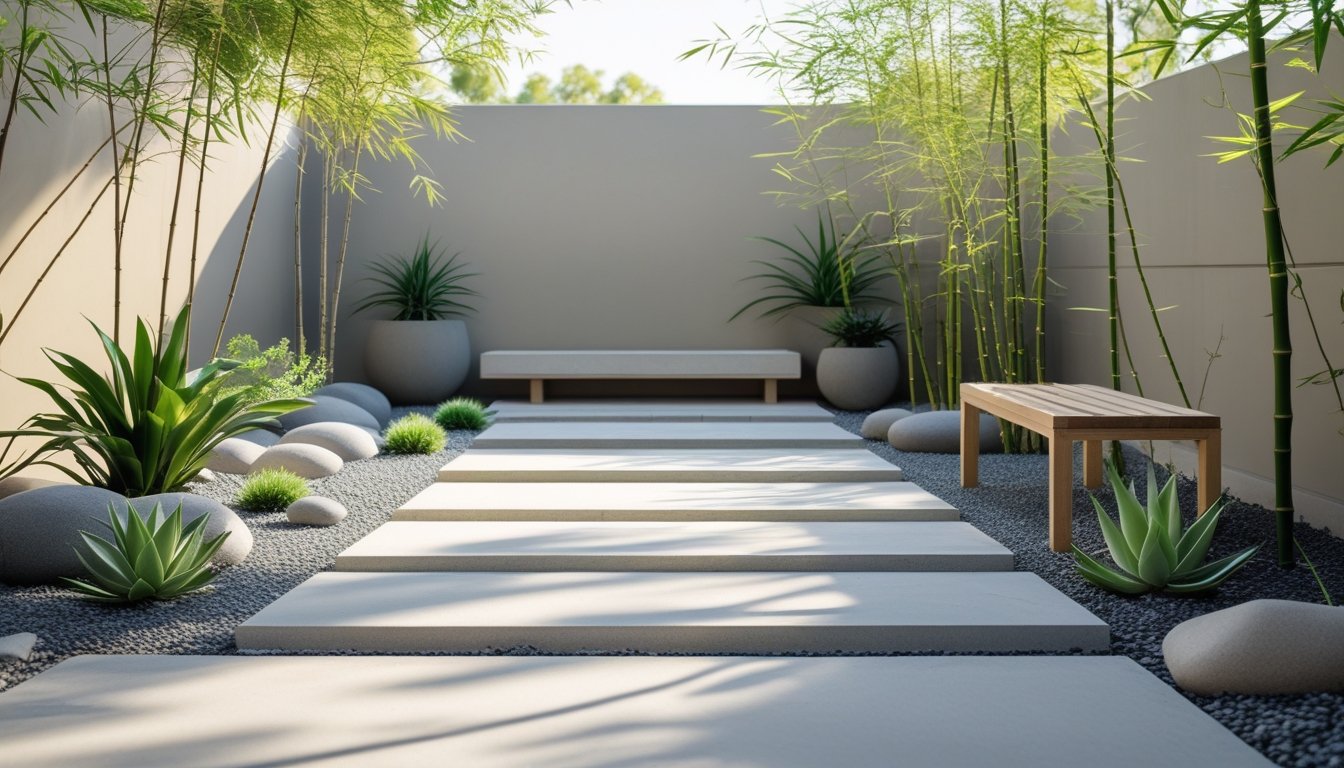 A small minimalist garden with stone paths, green plants, and a wooden bench in a calm outdoor setting.