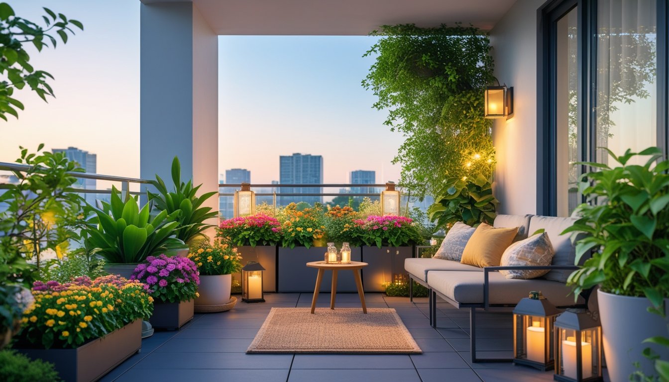 A balcony filled with green plants, flowers, comfortable seating, and decorative lights, creating a peaceful garden retreat.