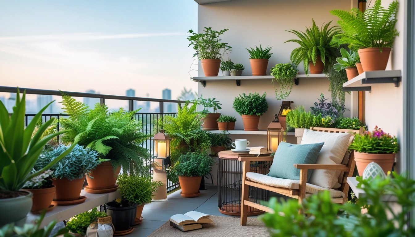 A balcony with green plants, a wooden chair with cushions, a small table with a teacup and book, and decorative lights creating a peaceful garden setting.