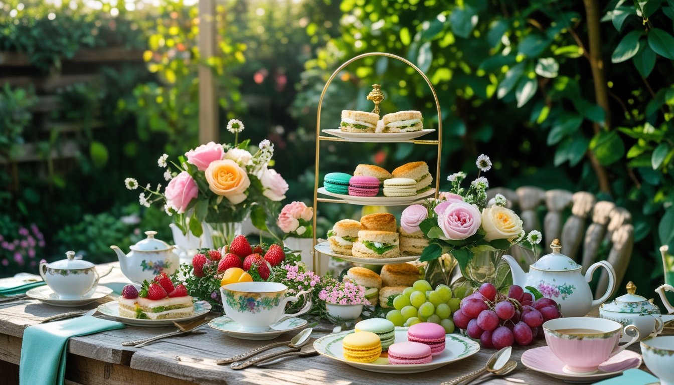 A garden table set with teacups, teapots, finger sandwiches, scones, macarons, fresh fruit, and floral centrepieces surrounded by green plants.