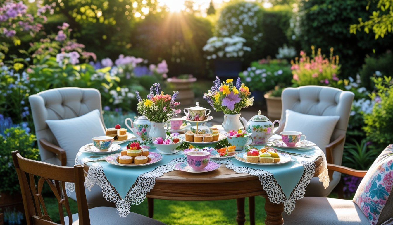A garden tea party setup with a table holding teacups, teapots, pastries, and flowers surrounded by green plants and sunlight.