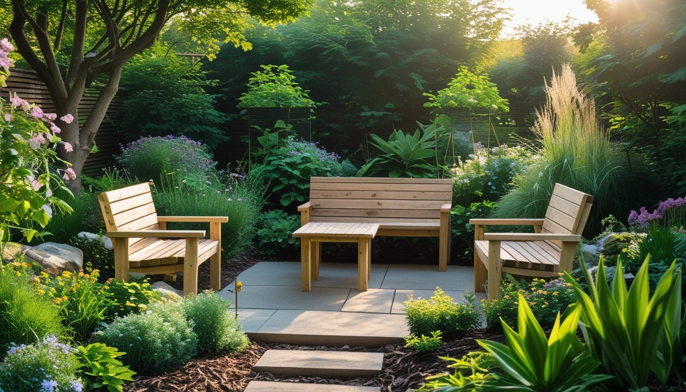 A peaceful garden area with wooden benches and chairs surrounded by green plants and flowers.
