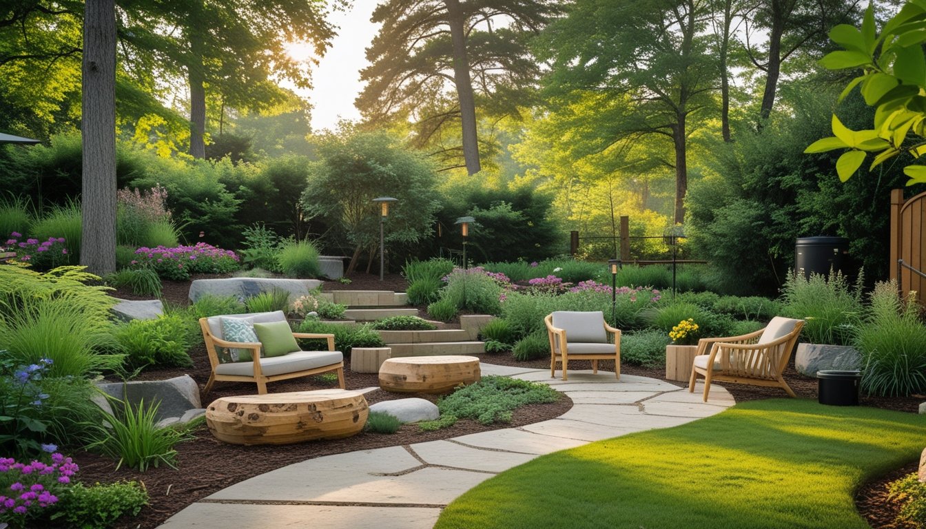 A peaceful garden with green plants, flowering bushes, wooden benches, and a stone pathway under soft sunlight.