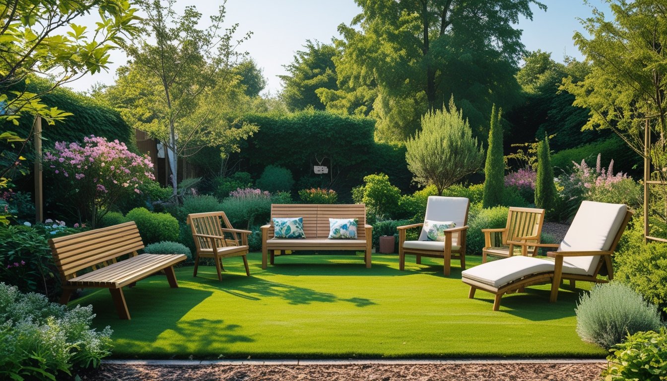 A tranquil garden with eco-friendly wooden and bamboo seating surrounded by green plants and flowers under a clear blue sky.