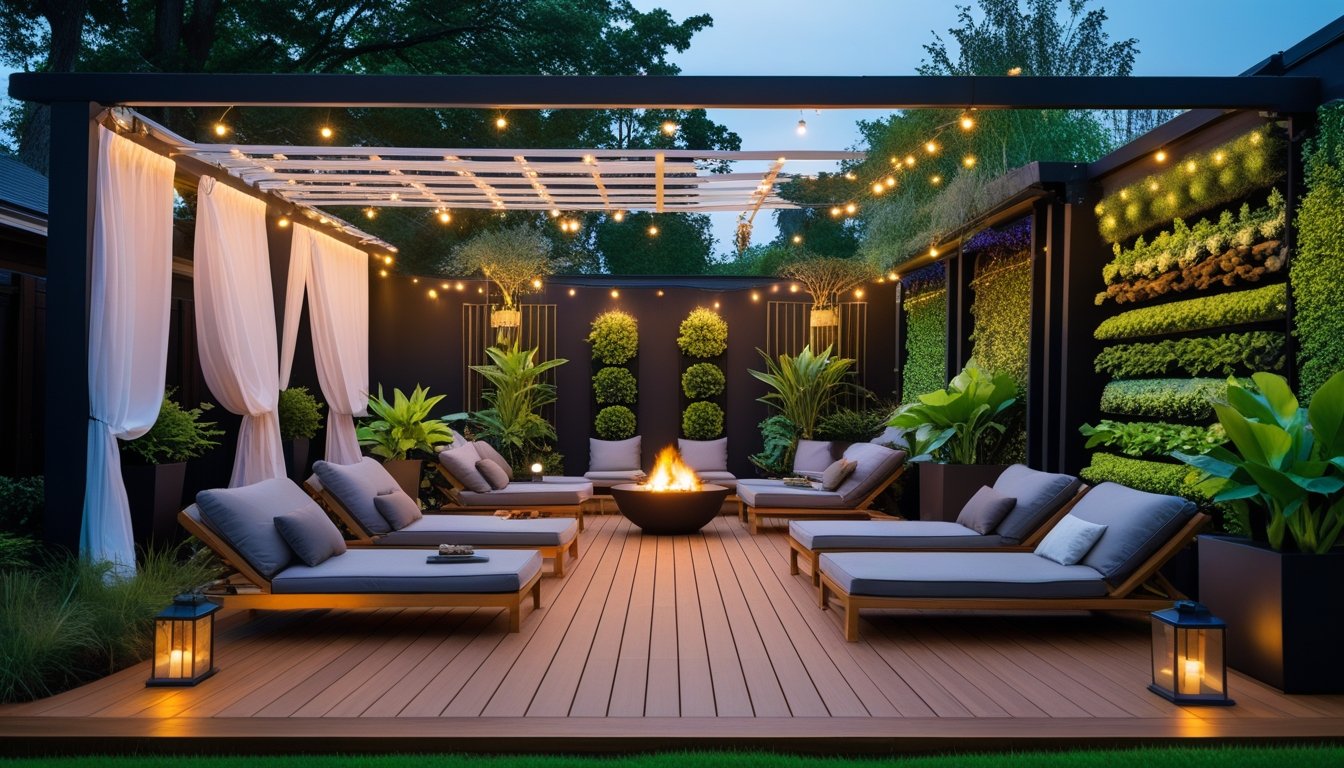 An outdoor relaxation area with wooden decking, lounge chairs, green plants, string lights, a pergola with white curtains, and fire pits.