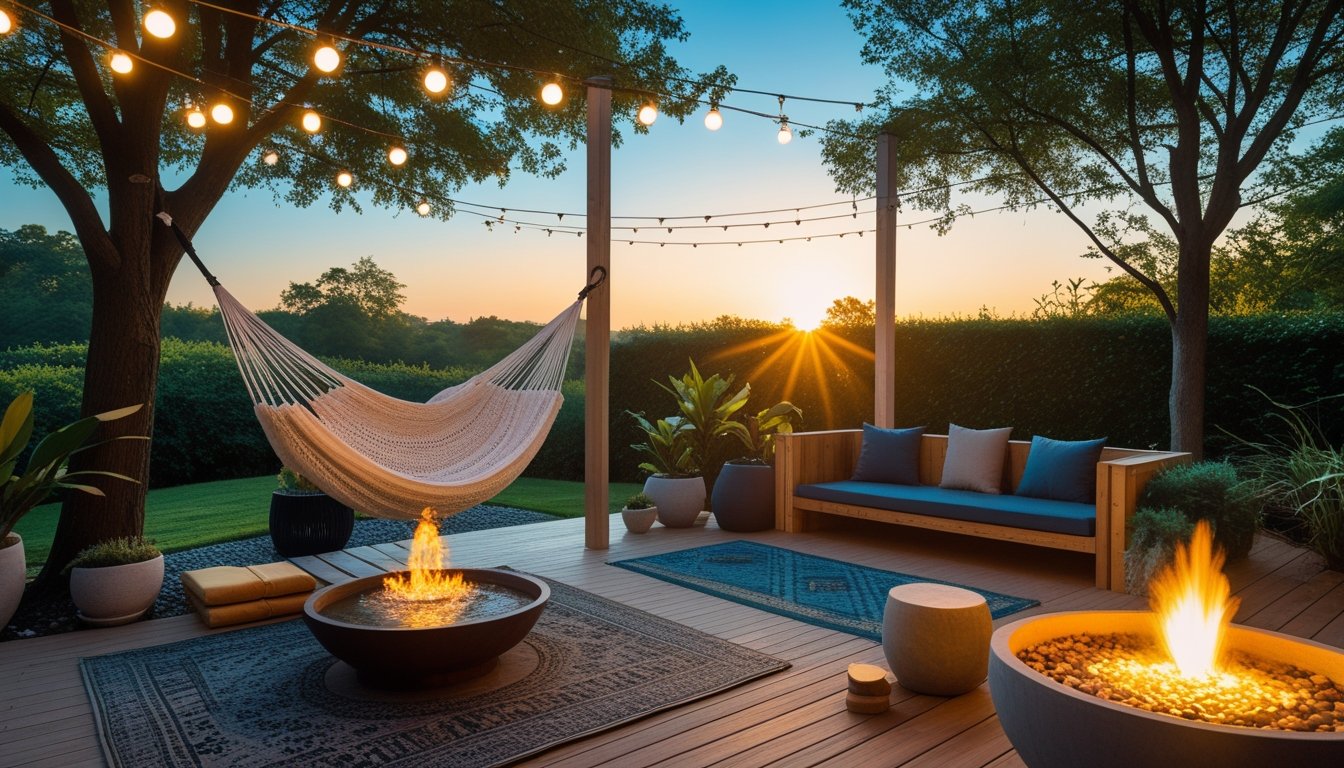 An outdoor area with a hammock, fire pit, wooden seating, and a small water fountain surrounded by greenery and soft lighting.