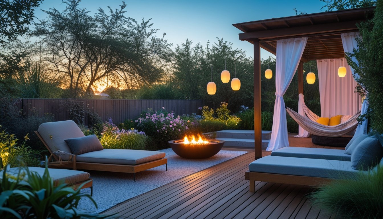 Outdoor relaxation area with lounge chairs, a fire pit, a hammock under a pergola, surrounded by plants and soft lighting at sunset.