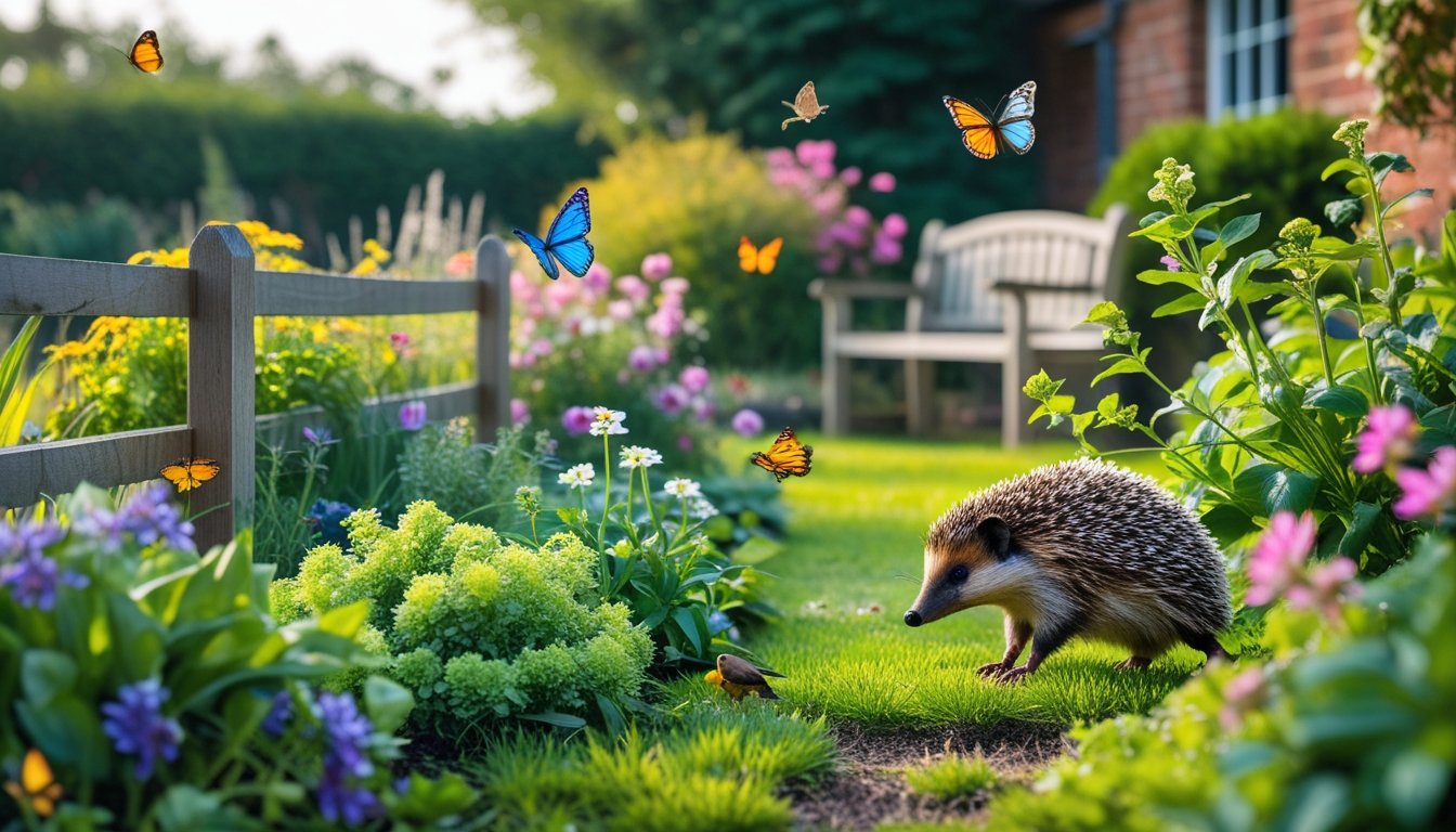 Various garden animals including a robin, butterfly, hedgehog, and bumblebee exploring a colourful home garden with flowers and greenery.