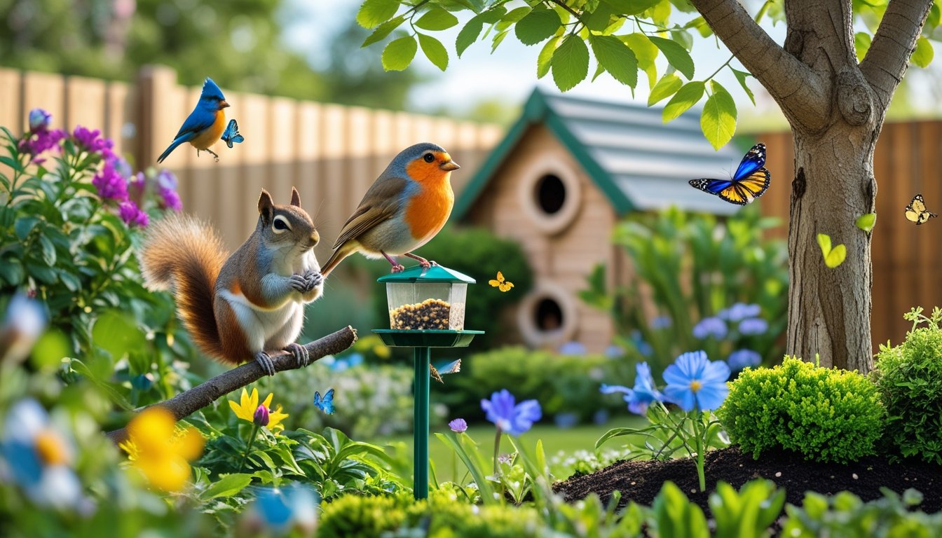 A garden with colourful birds, a squirrel on a tree branch, butterflies near flowers, and green plants under natural sunlight.
