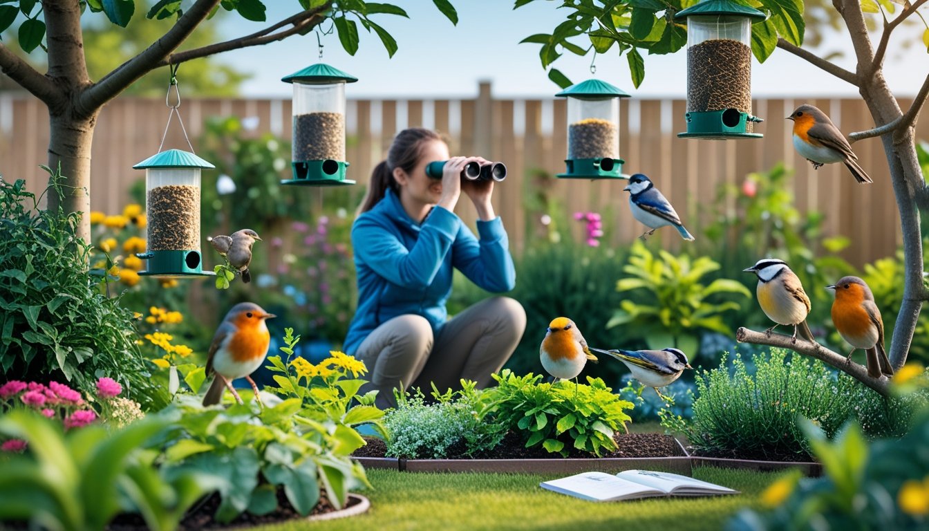 A person in a garden watching birds with binoculars near bird feeders and colourful plants.