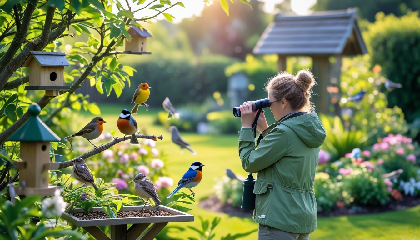 A person watching colourful garden birds with binoculars in a green garden filled with flowers and bird feeders.
