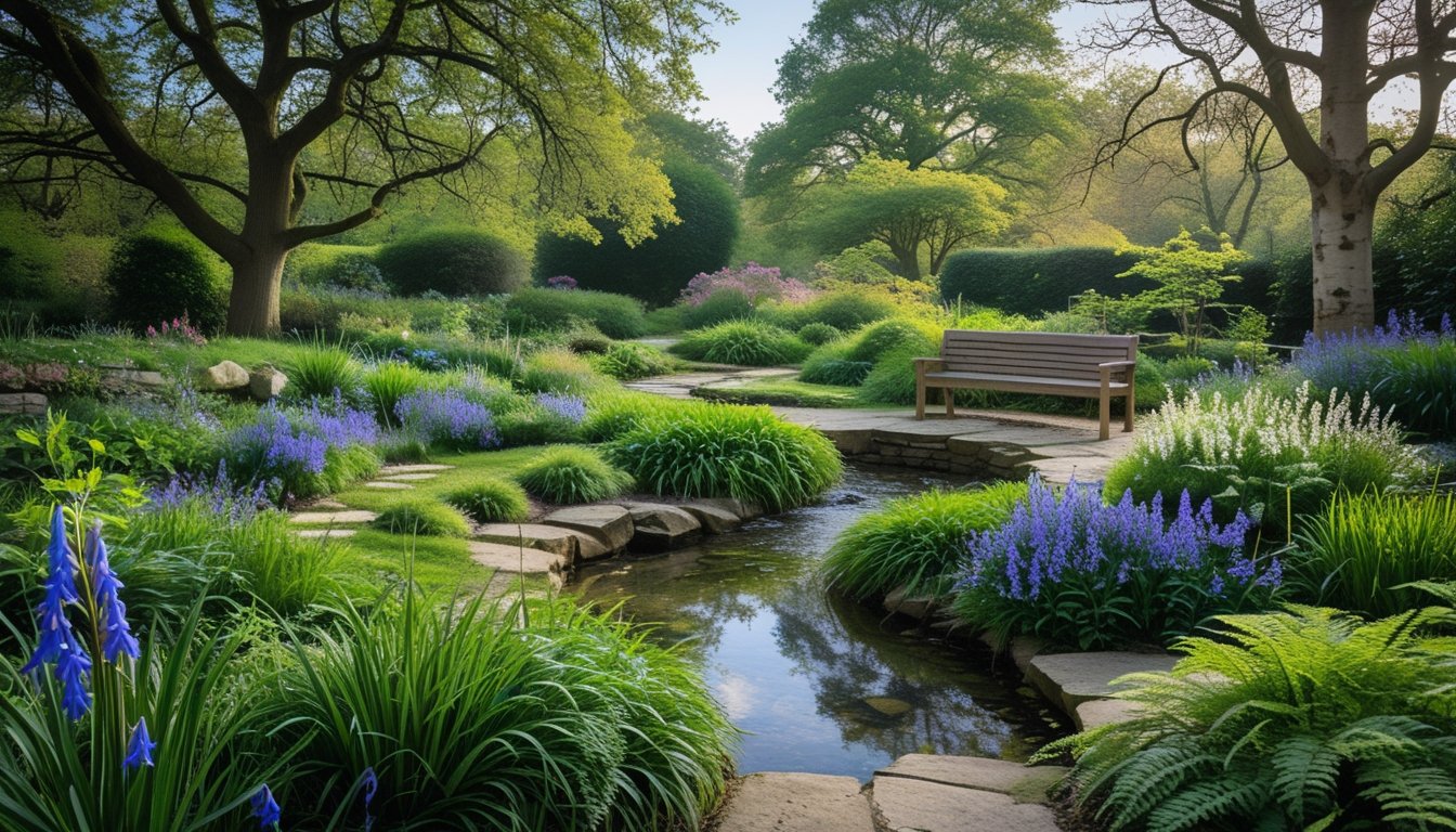 A peaceful UK garden with native plants, wildflowers, trees, a small stream, and stone paths.